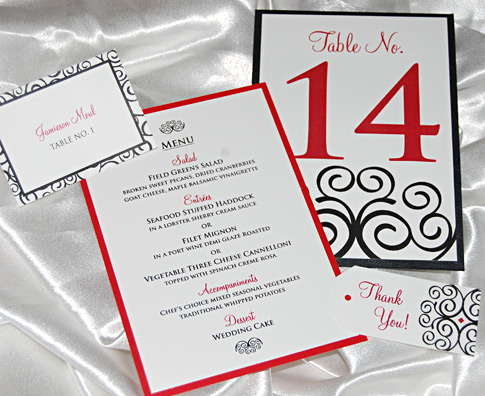 Black, White, and Red Swirl Reception Items