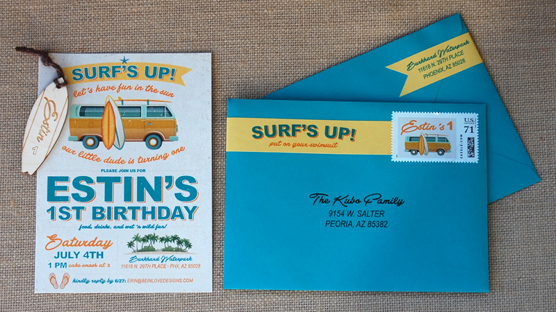 Surf’s Up and VW Bus Birthday Party Invites with Wood Tag