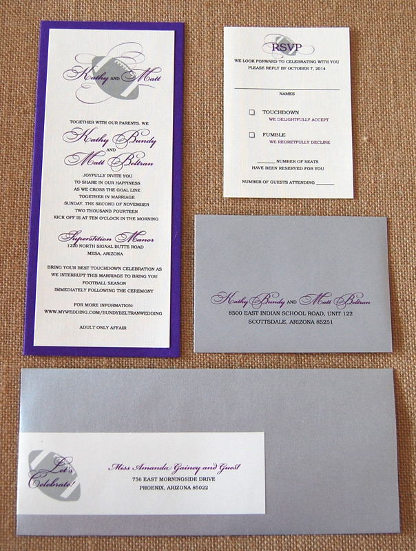 Layered Purple Football Wedding Invitation