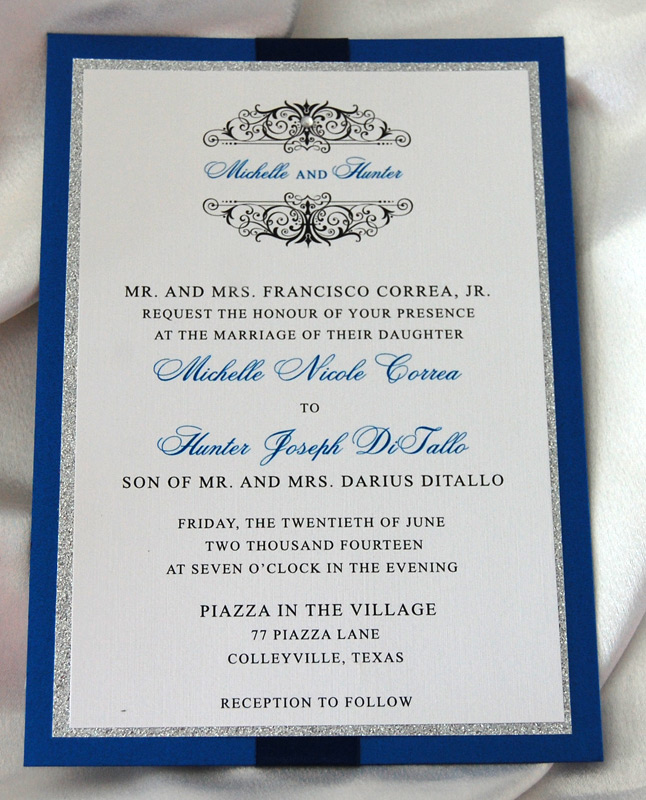 Cobalt Monogram Glitter Wedding Invitation 1 of 2
