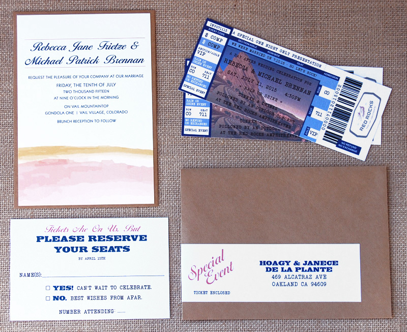 Kraft Watercolor Ticket Wedding Announcement and Invitation