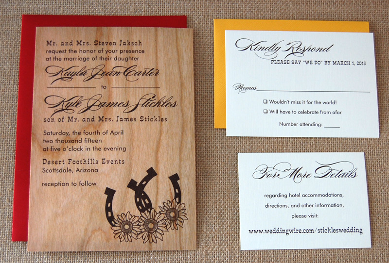 Flowers & Horseshoes Wooden Wedding Invite