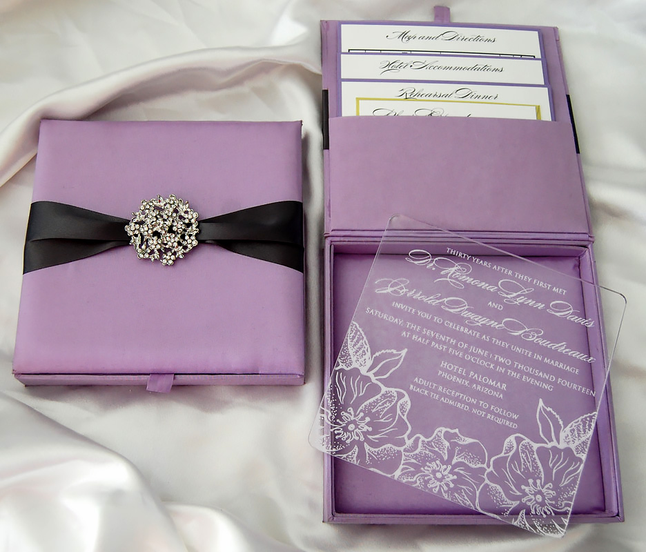 Acrylic Wedding Invite In Silk Box with Brooch