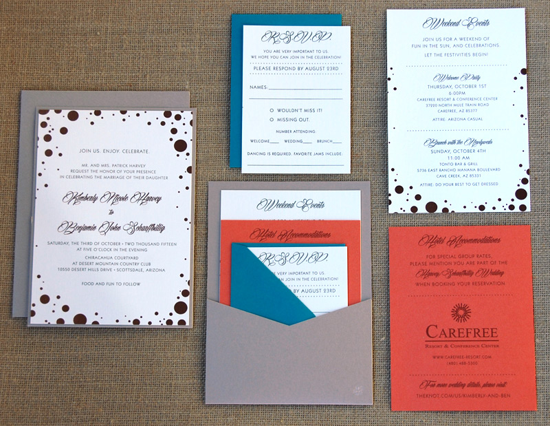 Blue and Coral Dots Pocket Wedding Invite