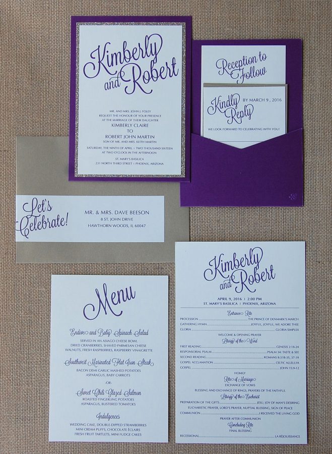 Purple and Gold Glitter Pocket Card Invite Suite