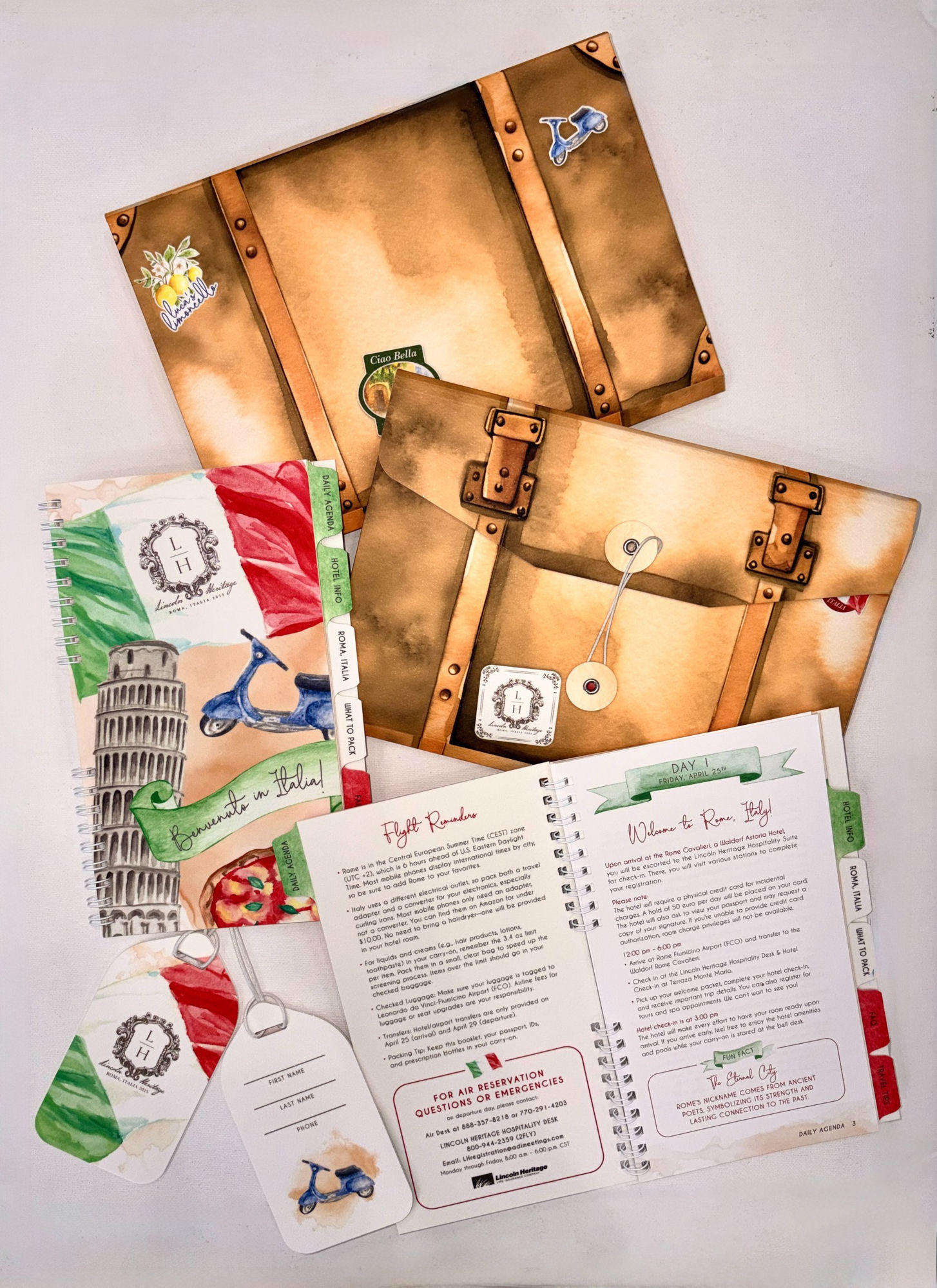 Custom Italy-themed incentive trip stationery suite designed by Be In Love — branded travel booklet, luggage tags, welcome folder, and daily agenda for a Rome corporate program