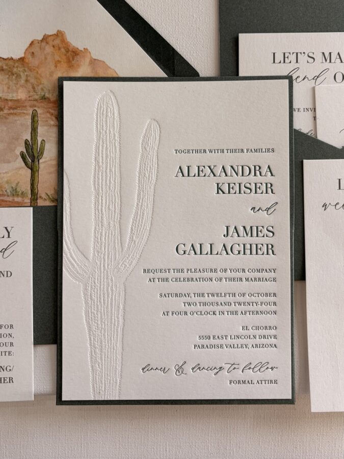 Blind letterpress saguaro wedding invitation suite with sage envelope, designed by Be In Love Designs