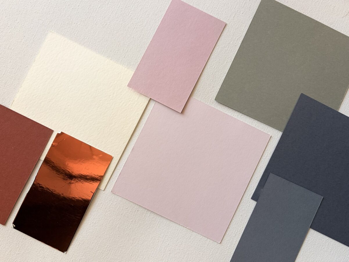 Terracotta, dusty rose, sage and bone paper swatches with copper foil, by Be In Love Designs
